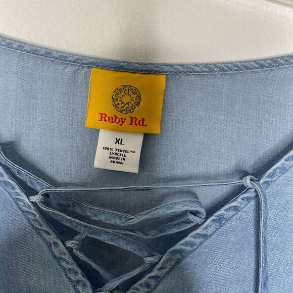 Ruby Rd XL Light Blue Tencel Chambray Tunic Dress Bell Sleeve Boho Casual Beachy - Picture 3 of 7